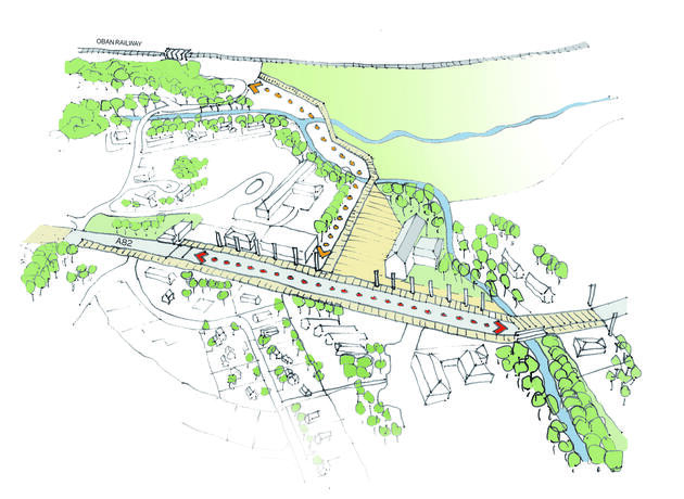 A sketch illustration showing a birds eye view of potential development in Tyndrum